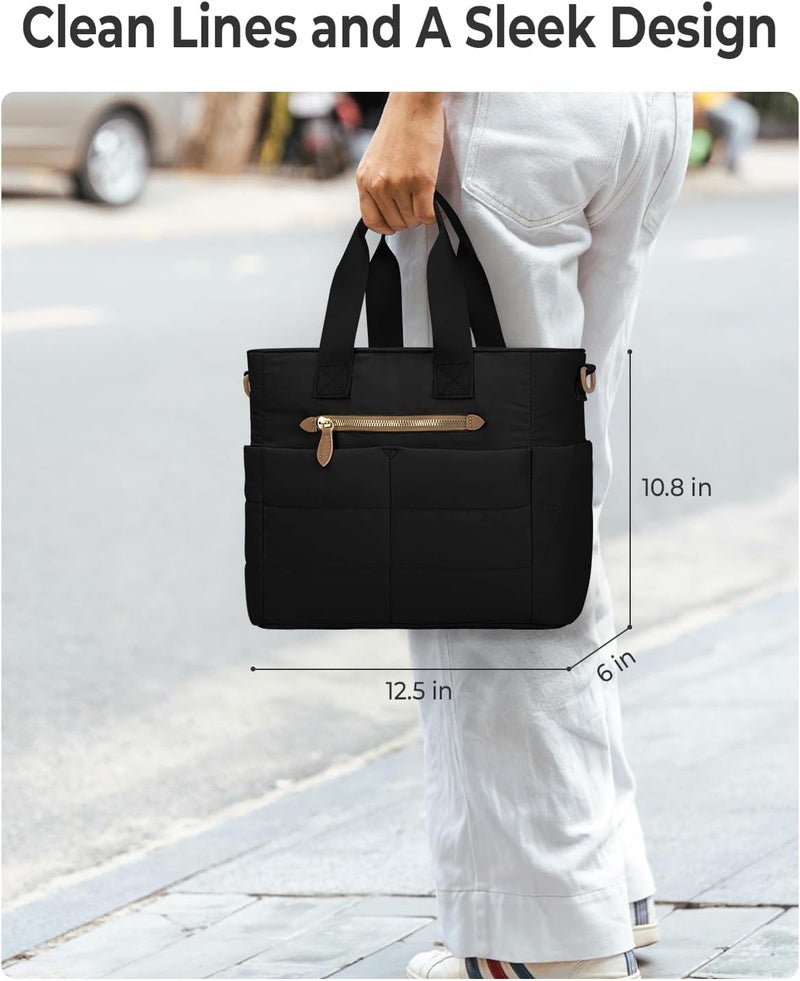Tuwubi Lunch Box for Women, Large Puffy Quilted Lunch Tote Bag with Adjustable Strap & Multi-Pockets, Insulated Lunch Bags for Women Work, School, Picnic Black - Image 4